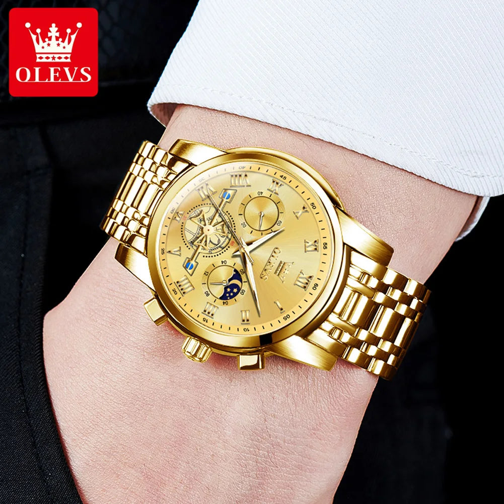 Reloj para hombre OLEVS 2859: modelo clásico y lujoso con números romanos, multifunción, resistente al agua, esfera luminiscente y mecanismo de cuarzo de alta calidad.