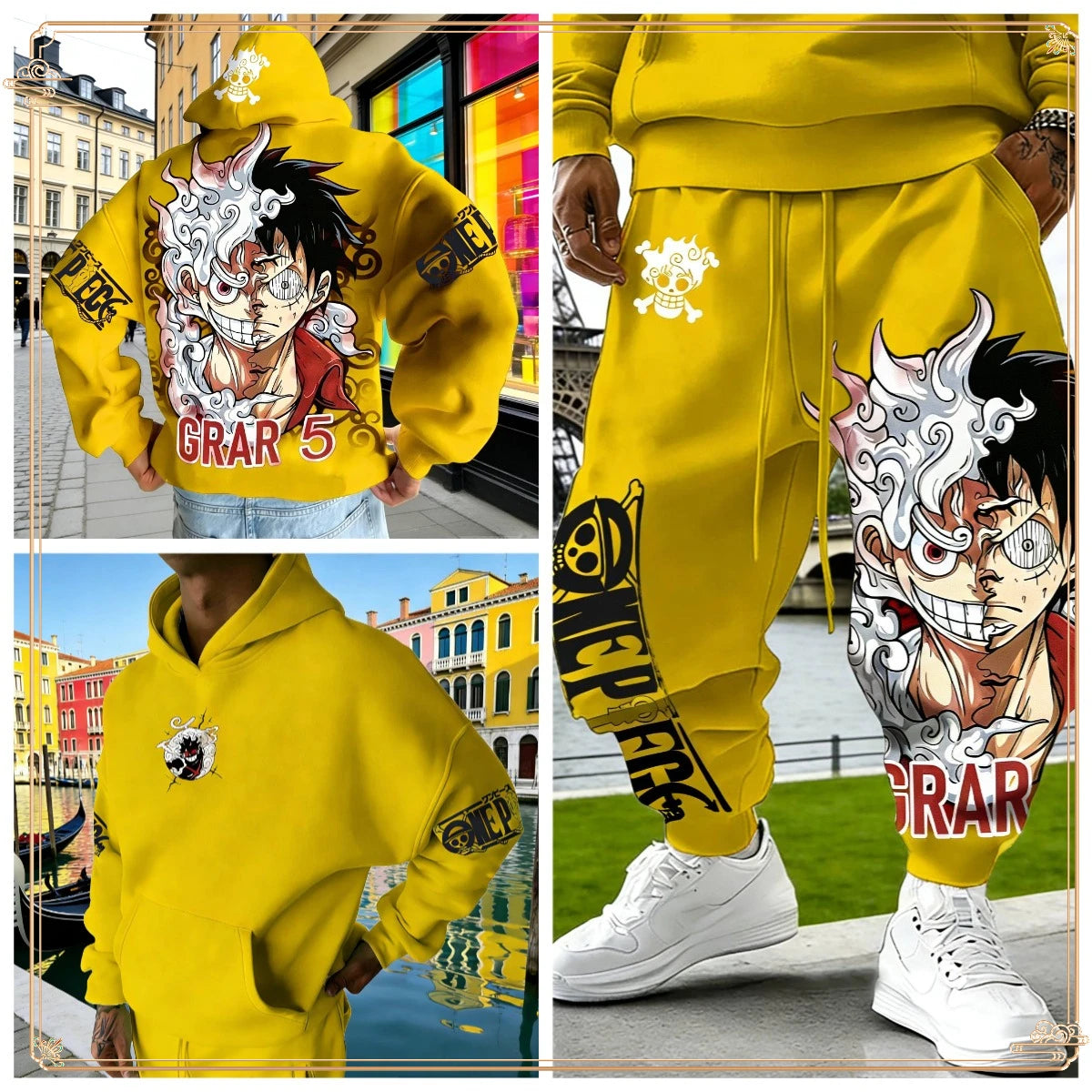 One Piece Luffy Gear 5 Hoodie Pants Set Red Cotton Tracksuit with Character Print on Hoodie Front Pant Side Loose Fit Two Piece