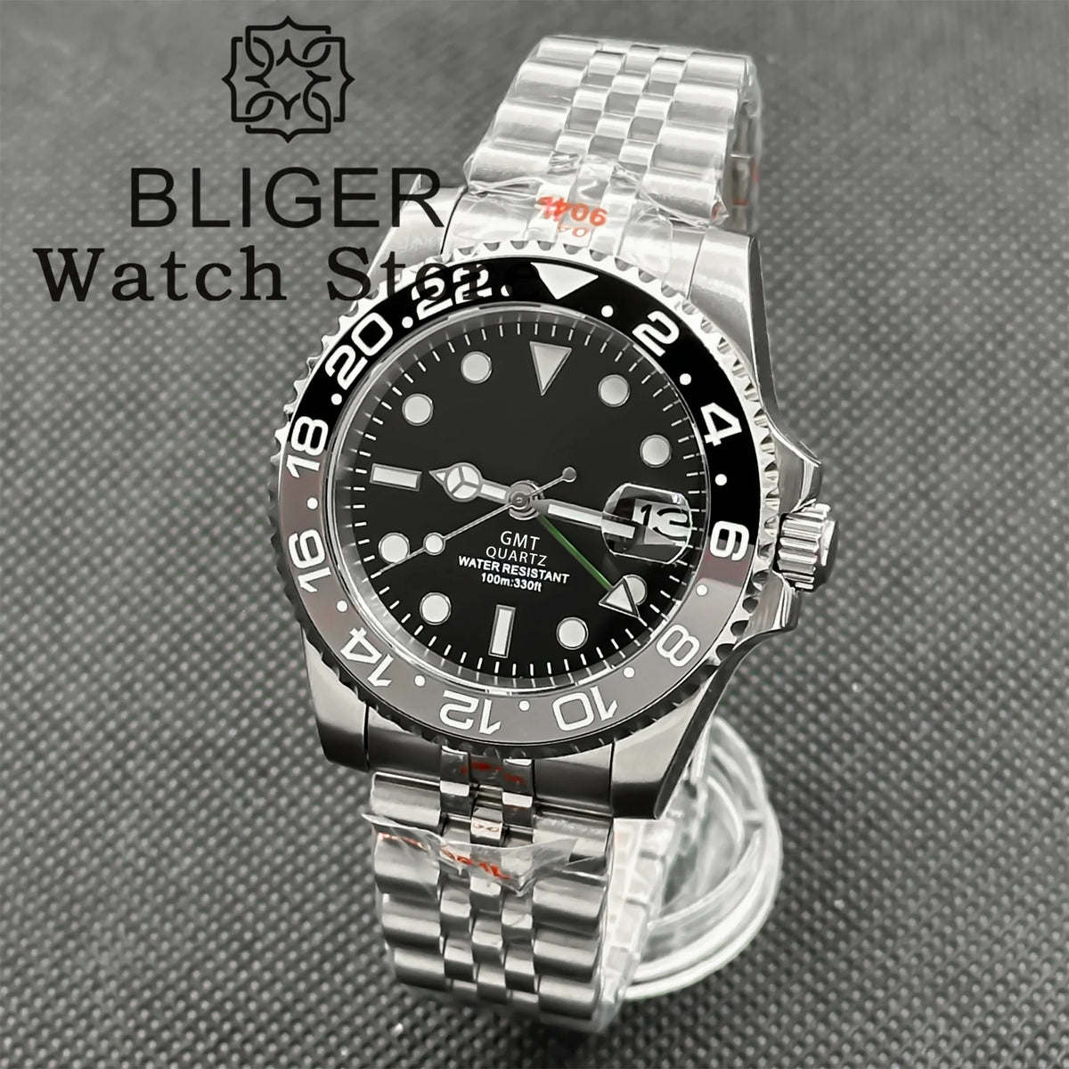 BLIGER 40mm 515 24H GMT Men's Watch Stainless Steel Clasp Luminous Quartz Movement Ceramic Bezel Sapphire Glass 10Bar Waterproof