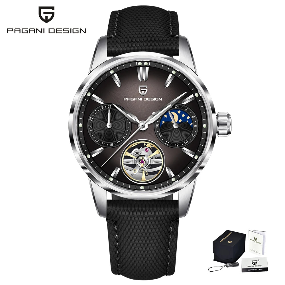 PAGANI DESIGN – Orologio meccanico di lusso da uomo, 41 mm, vetro zaffiro, cinturino in pelle, impermeabile, stile pilota, con tourbillon e fasi lunari