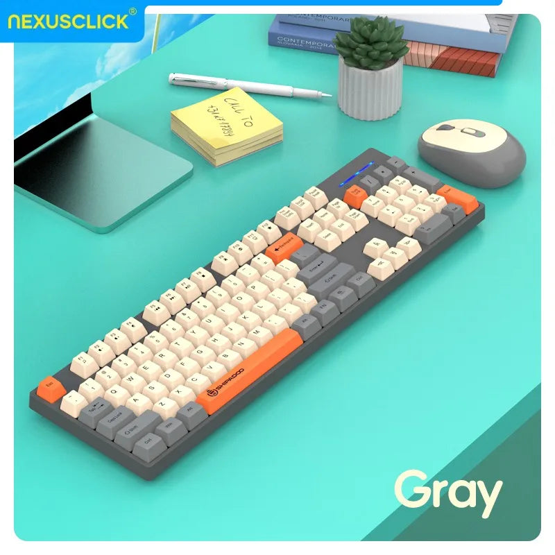 NexusClick kabelloses Gaming- und Office-Tastatur-Maus-Set, intelligente Energiesparfunktion, Full Size, 104 Tasten, 1600DPI einstellbar, USB für Laptop und PC