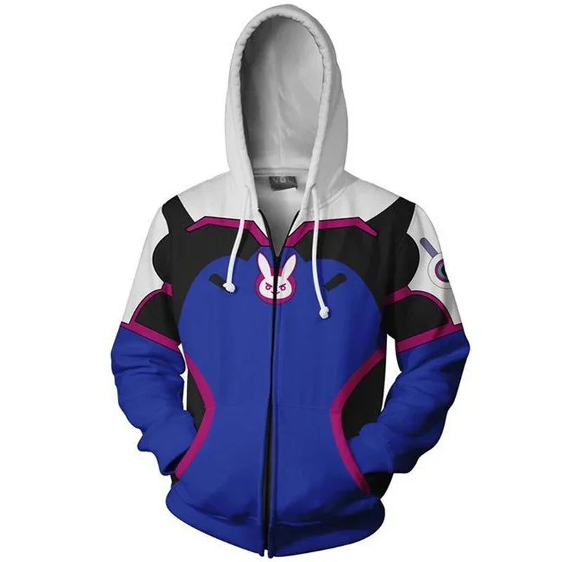 Anime gaming hoodie majica s kapuljačom, 3D print Overwatches DVA DJ, cosplay kostim za žene, muškarce i parove, jakna s kapuljačom, gornji odjevni predmet