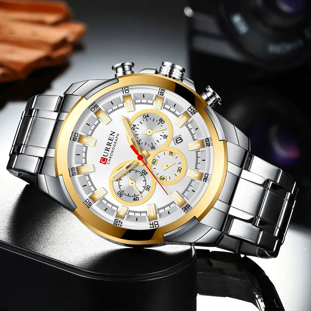 CURREN men’s chronograph watch, large 48 mm dial, stainless steel bracelet, three sub-dials, quartz sports wristwatch, luxurious style