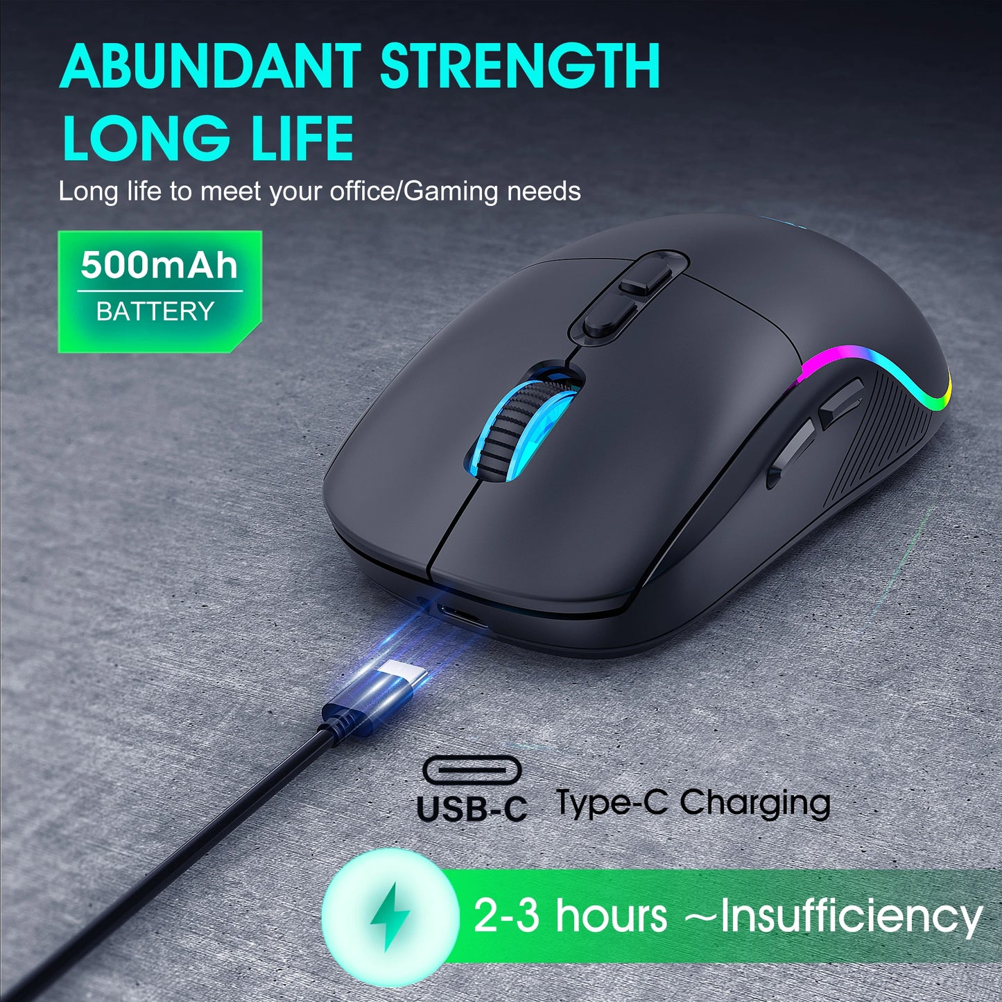 Mouse tri-mode 2.4G wireless/Bluetooth/cablato, DPI regolabile a 6 livelli, batteria da 500mAh, illuminazione RGB, macro per gaming e esports, mouse da ufficio