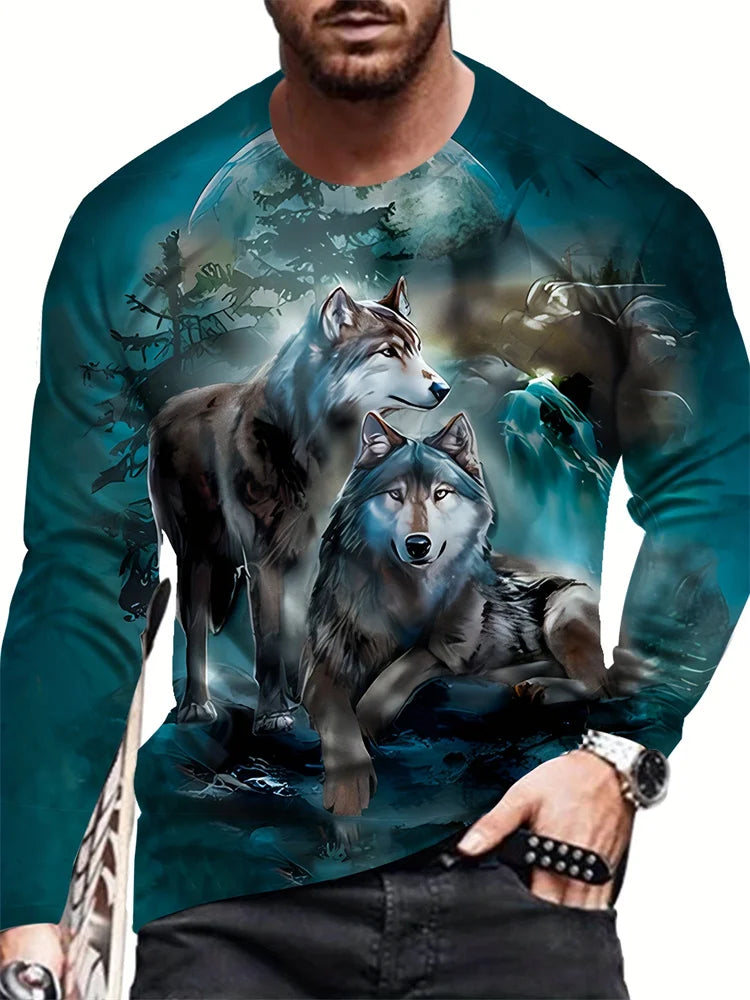 2024 New Wolf Print Men's Long Sleeve T-shirt Spring And Autumn Men's Daily Casual Shirt Street Fashion Men's Long Sleeve T-shir