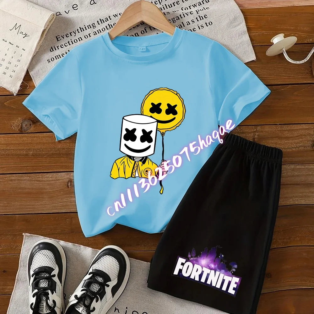 Completo estivo Fortnite con T-shirt e shorts per bambini e bambine, set 2 pezzi, abbigliamento bambino con top, T-shirt e pantaloncini, stampa Fortress Night, idea regalo