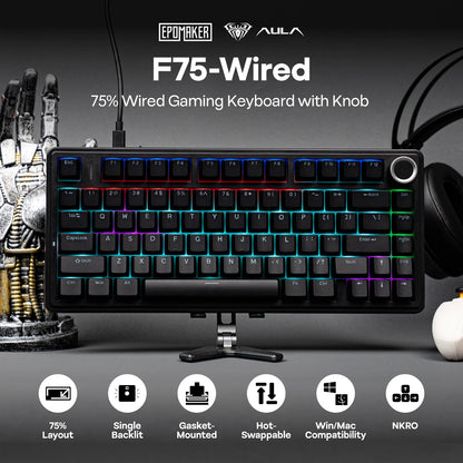 Teclado mecânico EPOMAKER x AULA F75 com fio, 75%, layout ANSI US, gasket, hot-swap, para Mac/WIN/Android, com botão rotativo