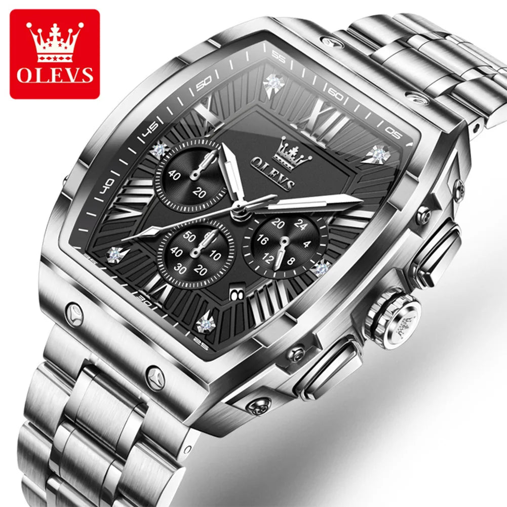 OLEVS New Design Tonneau Watch Men Luminous Waterproof Date Stainless Steel Chronograph Quartz Watches for Men Relogio Masculino