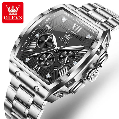 OLEVS New Design Tonneau Watch Men Luminous Waterproof Date Stainless Steel Chronograph Quartz Watches for Men Relogio Masculino