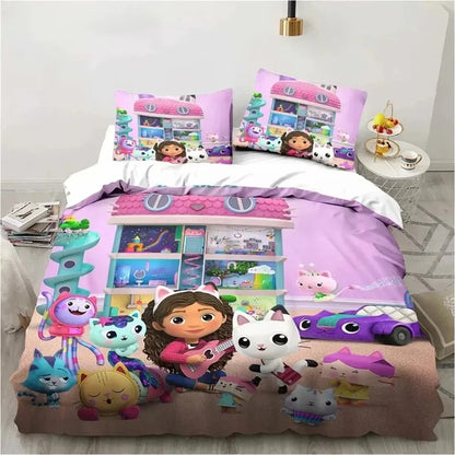Gabbys Dollhouse 3D-gedrucktes Bettwäsche-Set mit Bettbezug und Kissenbezug, Twin Full King, für Kinder und Erwachsene, Schlafzimmer