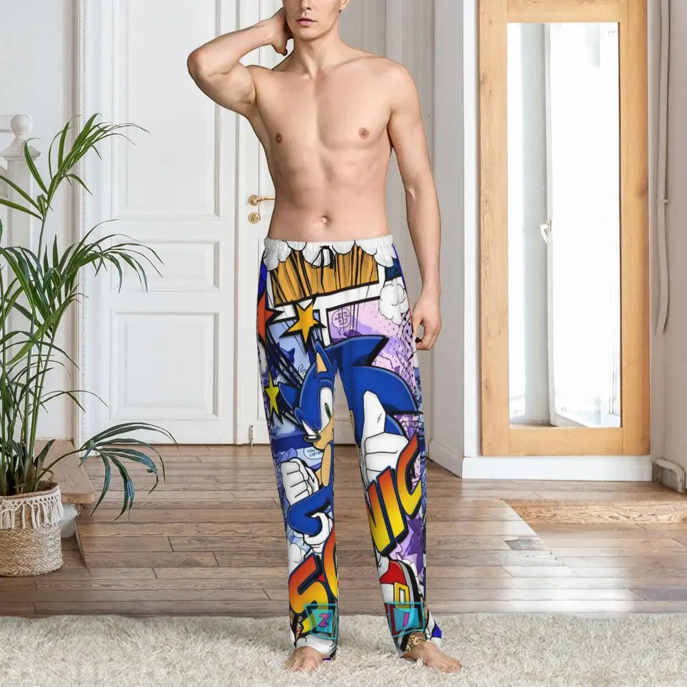 Custom Print Men's Soniced Pajama Pants Hedgehog Game Sleepwear Sleep Lounge Bottoms with Pockets
