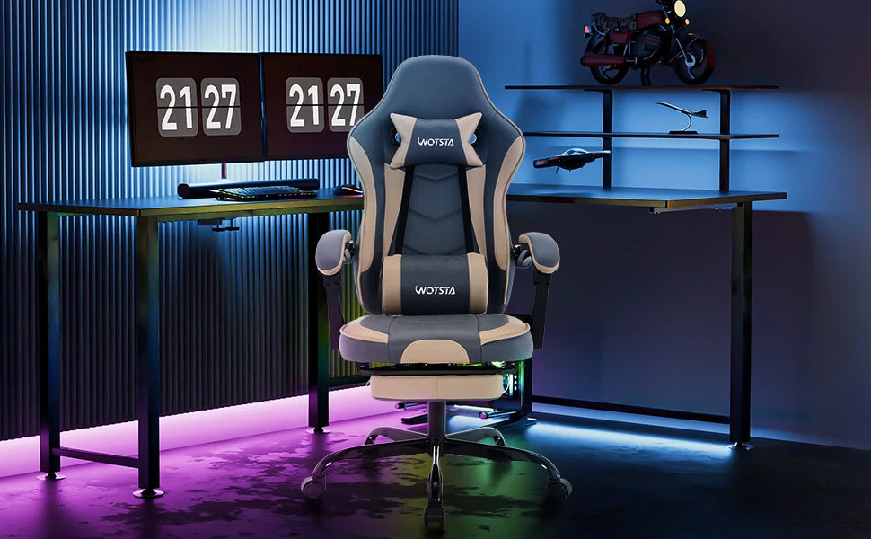 Cadeira Gaming WOTSTA com Apoio para Pés, Cadeira Gamer Ergonómica com Almofada Lombar, Apoio de Cabeça e Altura Ajustável para Computador