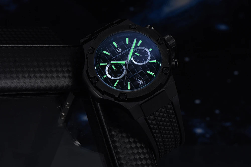 Křemenné pánské hodinky PAGANI DESIGN – luxusní sportovní chronograf, vodotěsný, s luminiscenčními ručičkami a safírovým sklem s antireflexní úpravou