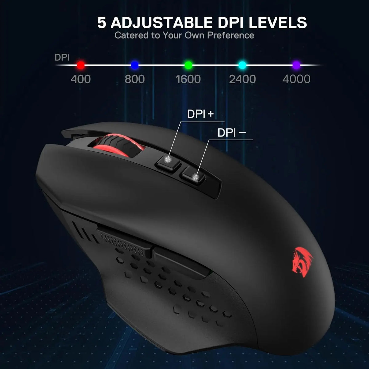 Redragon M656 MAX 3-Mode Wireless Gaming Mouse, 10000 DPI Rechargeable RGB Gaming Mouse with 7 Programmable Buttons, Bluetooth, 2.4GHz & Wired Connectivity