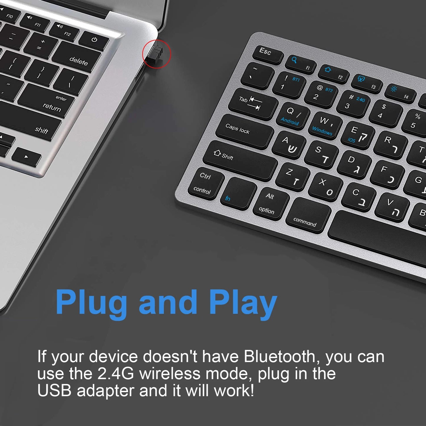 Hebräisch-englisches Layout – kabellose Bluetooth- & 2.4G-Dual-Mode-Tastatur, schlank, kompakt und ergonomisch für Windows, iOS und Android