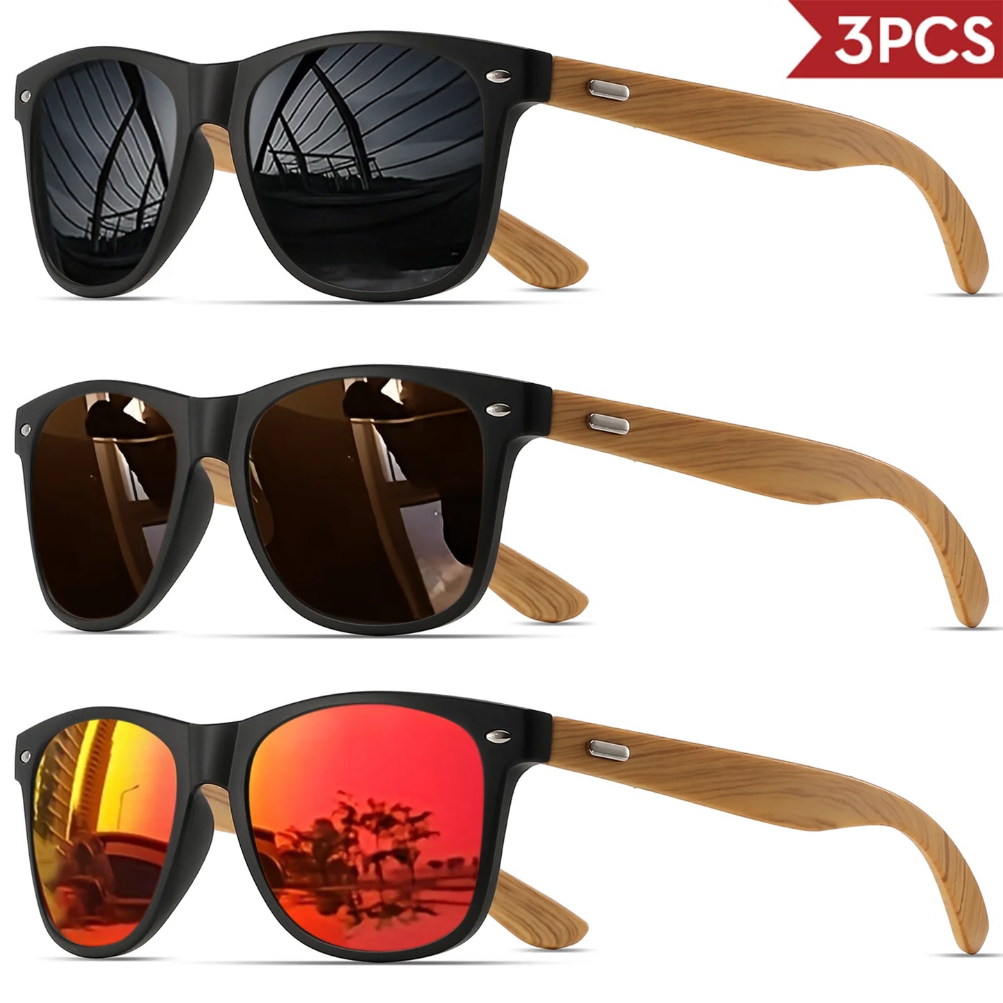 3PCS Bamboo Texture Square Sunglasses UV400, Fashion Unisex Classic - Lightweight for Casual Wear & Holidays