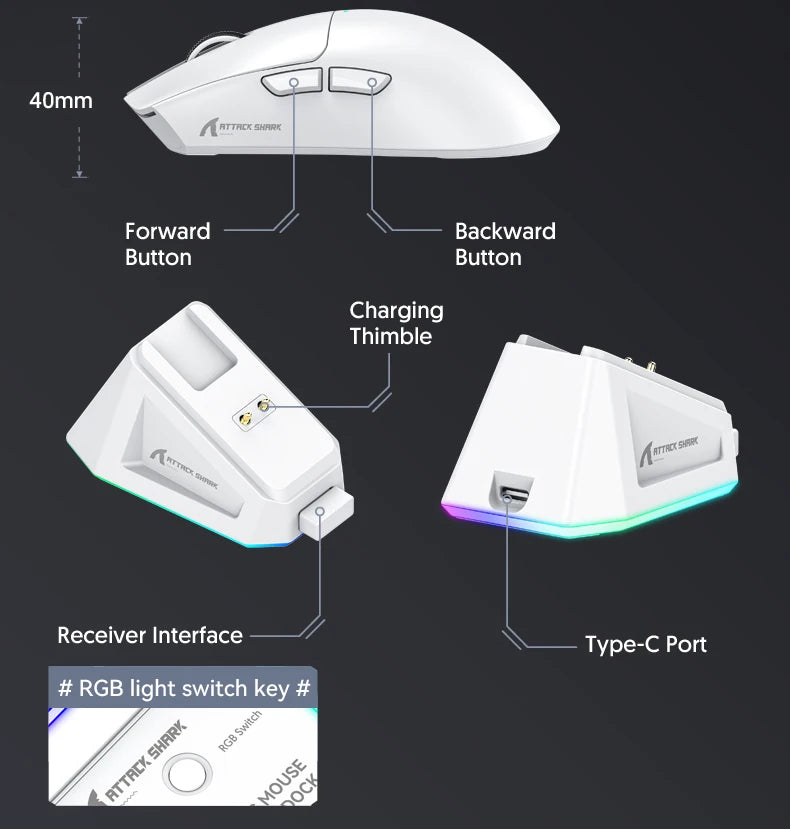 Attack Shark X11&R1 -kolmitilainen Bluetooth-langaton hiiri latausalustalla, RGB-valaistus, ergonominen ja kevyt PC-pelitarvike