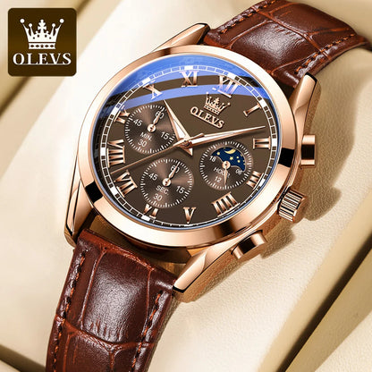 Montre à quartz pour homme OLEVS 2871 – Modèle de grande marque, étanche, style business, avec affichage des phases de lune, aiguilles luminescentes et bracelet en cuir.
