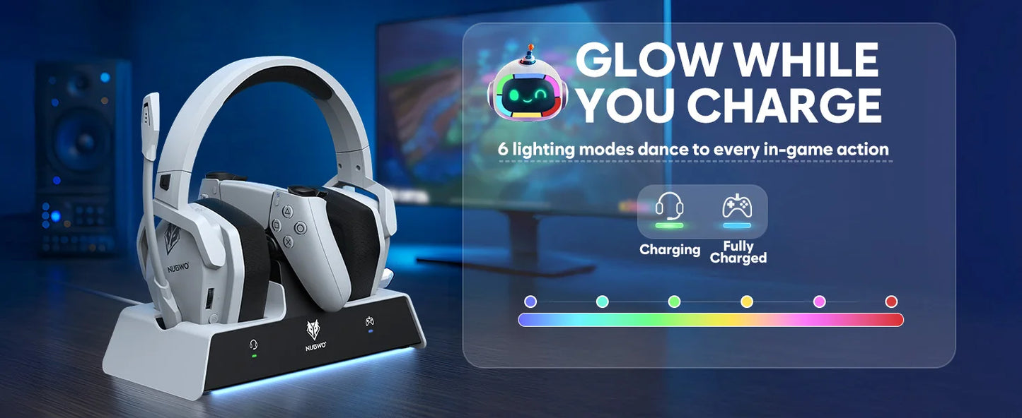 NUBWO G06 Pro Wireless Gaming Headset with Charging Station – Bluetooth 5.3 Gaming Headphones for PS5, PS4 & PC with ENC Microphone and 120-Hour Battery Life