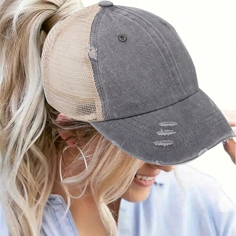 1 casquette de baseball vintage en maille « ponytail », casquette de camionneur ajustable, délavée et vieillie, offrant une protection solaire en extérieur, idéale pour le printemps et l'automne