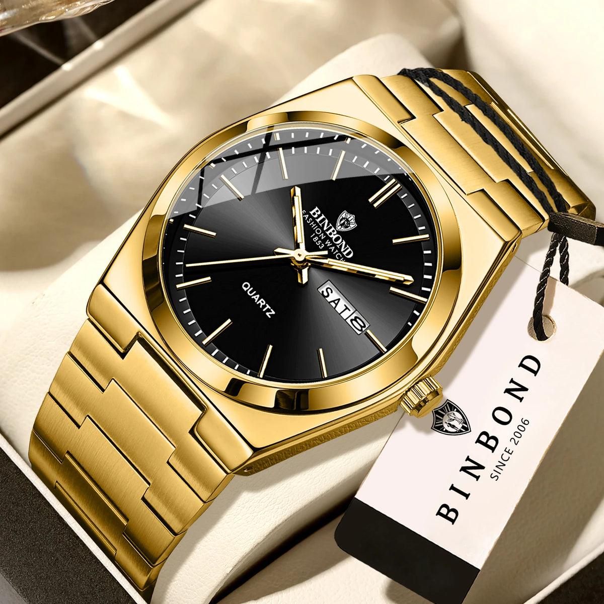 Reloj de pulsera de cuarzo de lujo BINBOND, luminiscente, resistente al agua, con indicación del día de la semana y fecha automática, correa de acero, estilo ejecutivo, deportivo, moderno y desenfadado.