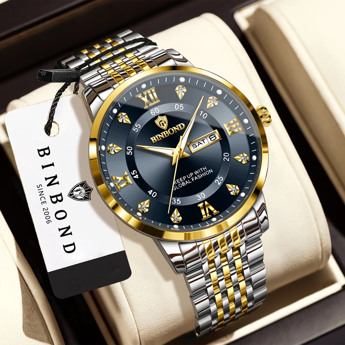 Montre-bracelet à quartz de luxe BINBOND pour homme – Étanche, lumineuse, avec affichage du jour de la semaine – Style business, sport, mode et décontracté