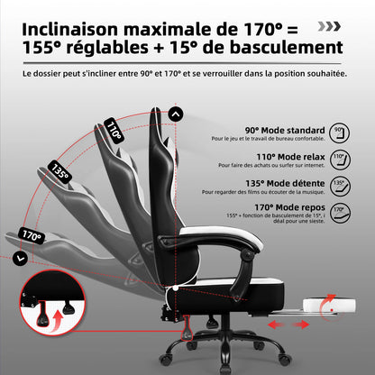 Daccormax 170° Gaming Chair Ergonomic PC Gaming Chair with Adjustable Footrest and Lumbar Support High-Back Breathable Design