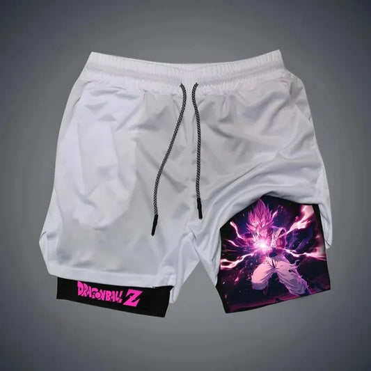 2026Summer Anime Gym Shorts Men's Lightweight Breathable Double Layer Performance Shorts with Dragon Ball SuperSaiyan Rose Print