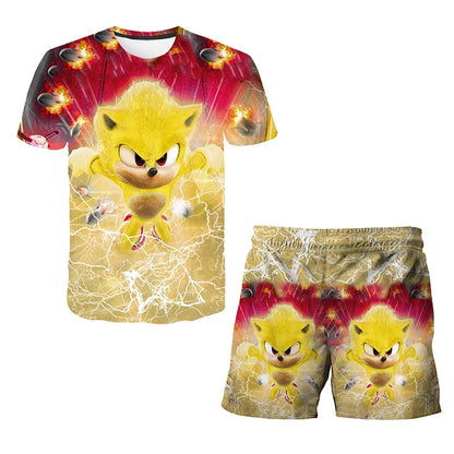 2026 Sonic The Hedgehog 3D T-shirt Set for Boys and Girls: Cute Summer Top + Shorts - Children's Short-Sleeve Birthday Gift