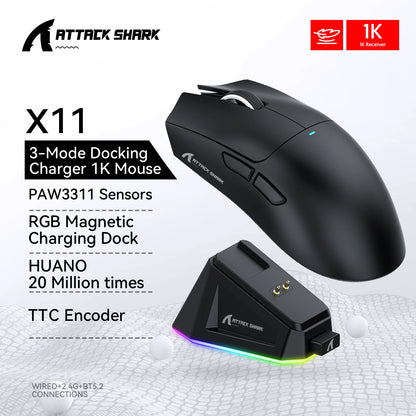 ATTACK SHARK X11 Tri-Mode Lightweight Gaming Mouse have PAW3311,22000DPI,400IPS,40G,59g,Magnetic Fast Charging,RGB backlight