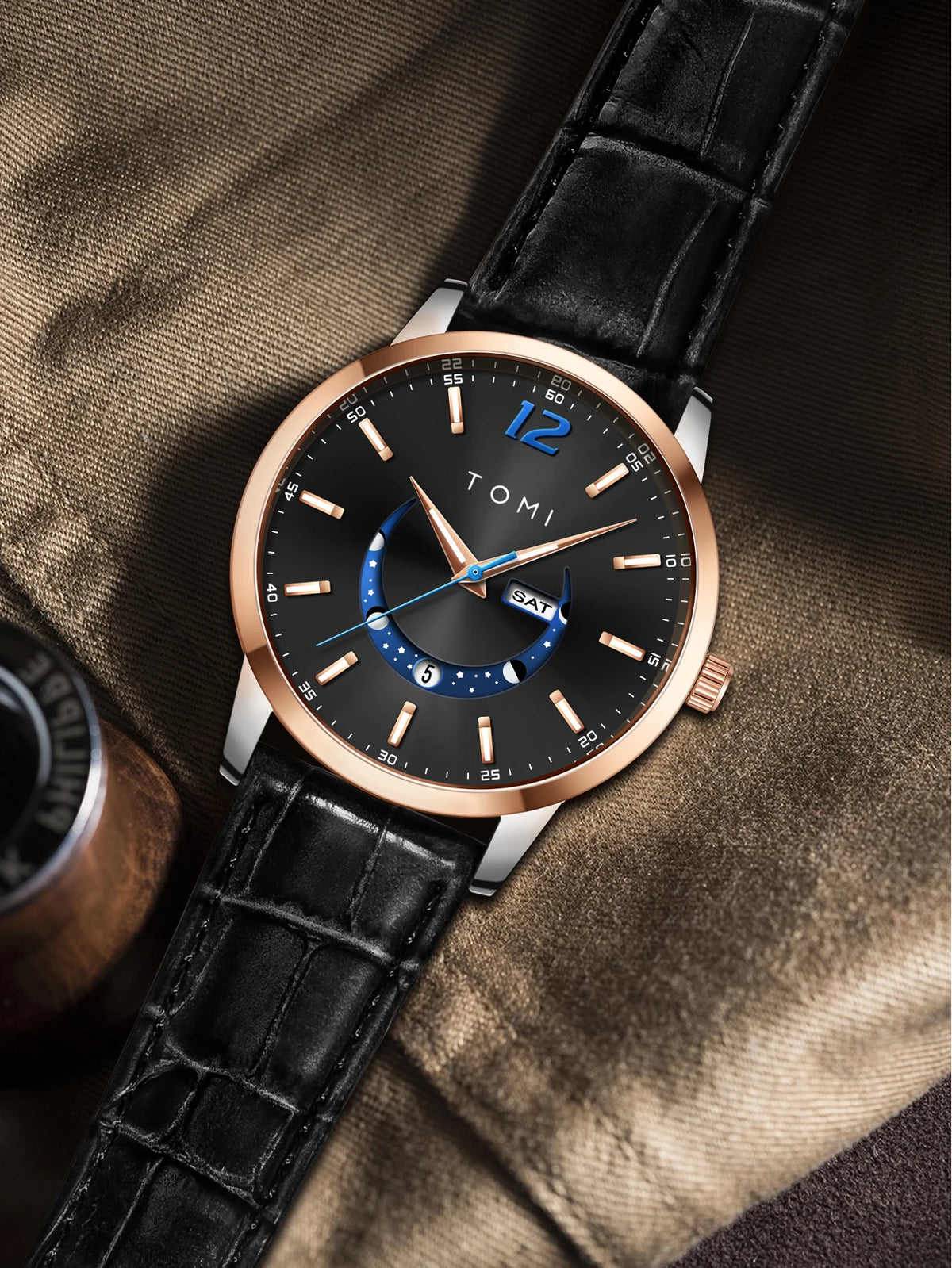 Montre à quartz TOMI, style business et élégant, avec bracelet en cuir, boîtier en alliage et cadran à aiguilles – Design haut de gamme, idée cadeau pour homme