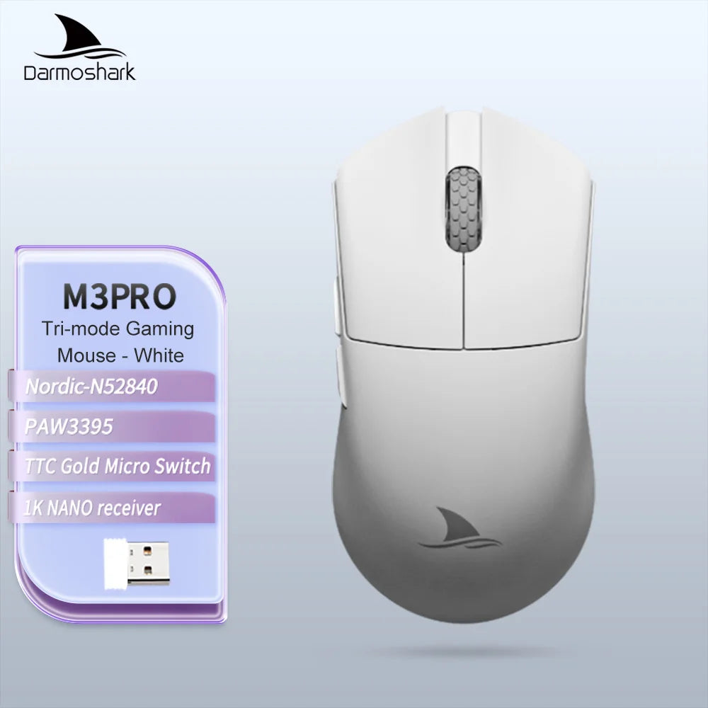Rato Gaming Darmoshark M3Pro 2.4G BT sem fios Tri-Mode, sensor PAW3395, N52840, 26000DPI, rato com driver macro para mãos grandes e gaming