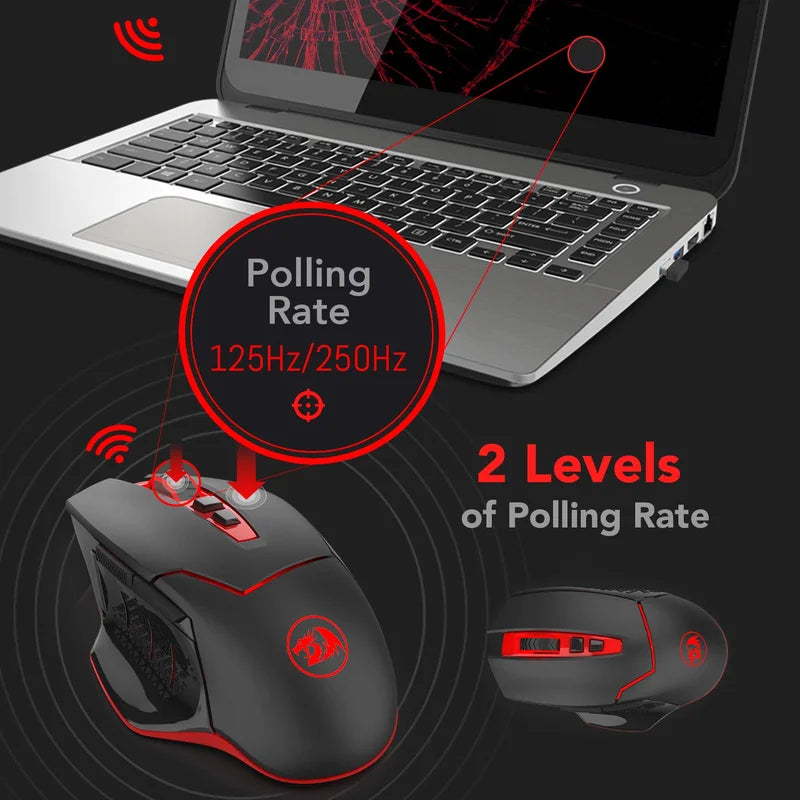 Rato Gaming Sem Fios Redragon M690-1 2.4Ghz com Mudança de DPI, 2 Botões Laterais, 2400 DPI, Design Ergonómico, 8 Botões - Preto