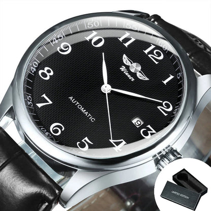 Klassische Herrenuhr – Retro-Design mit Kalender und blauen Zeigern, mechanisches Automatikwerk, renommierte Marke, Edelstahlgehäuse und Lederarmband