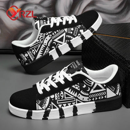 YRZL Men's Sports Running Shoes Canvas Geometric Style Lace-Up Sneakers Couples' Fashionable Graffiti Print Skate Shoes
