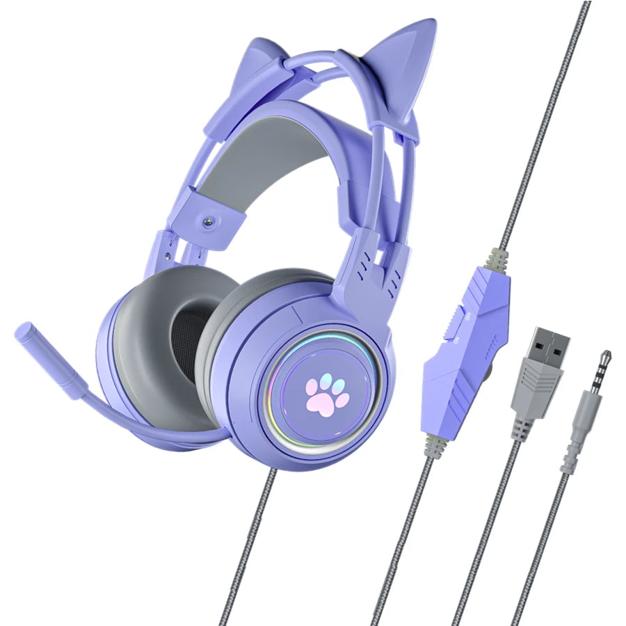 Casque de jeu oreilles de chat rose mignon pour filles enfants-éclairage suppression du bruit micro son Surround prise Jack 3.5mm pour PS4 PS5 PC Switch
