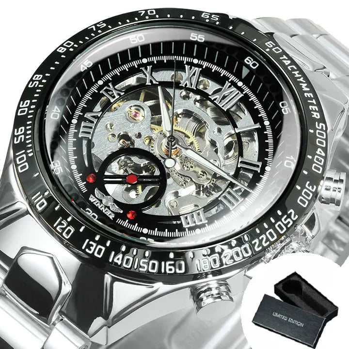 Montre automatique pour homme WINNER – Modèle squelette transparent, aiguilles luminescentes, bracelet en acier inoxydable, montre mécanique de marque de luxe