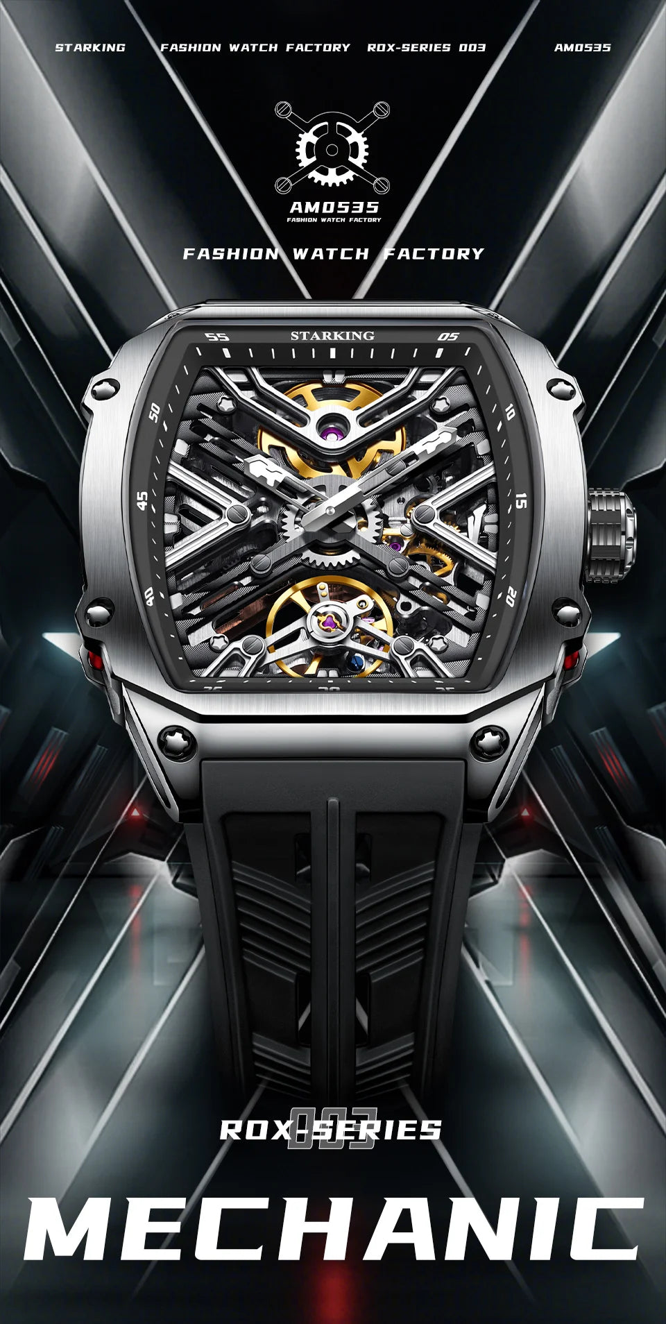 STARKING Men's Waterproof Sports Mechanical Watch, Wear-resistant Silicone Strap, Automatic, Luminous Tonneau Luxury Design