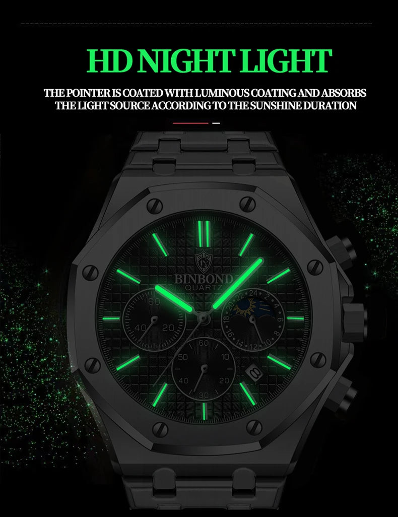 BINBOND Top Brand Man Quartz Watch Luxury Luminous Chronograph Wristwatch Stainless Steel Waterproof Men Date Calendar Clock