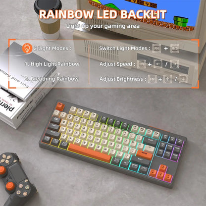 M87 Wireless Gaming Keyboard, Bluetooth 5.0/2.4GHz with Dual Mode 2-in-1 Receiver, 87 Keys TKL Rainbow LED Backlit Quiet Keyboar