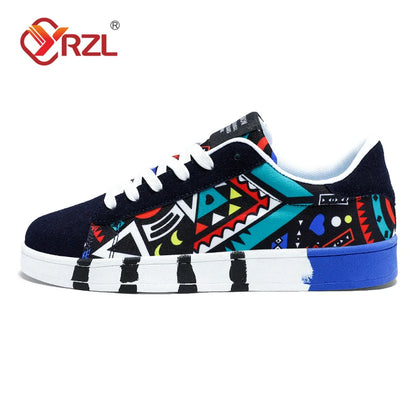 YRZL Men's Sports Running Shoes Canvas Geometric Style Lace-Up Sneakers Couples' Fashionable Graffiti Print Skate Shoes