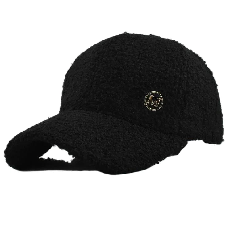 Winter Solid Color M-Label Lamb Wool Baseball Cap for Women, Outdoor Warm Casual Fashion Versatile Plush Duckbill Cap