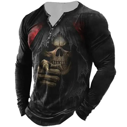 Autumn Skull Henley Shirt 3D Print Streetwear Men's Fashion Vintage Long Sleeve Button T Shirt Men's T Shirt Tops Clothing