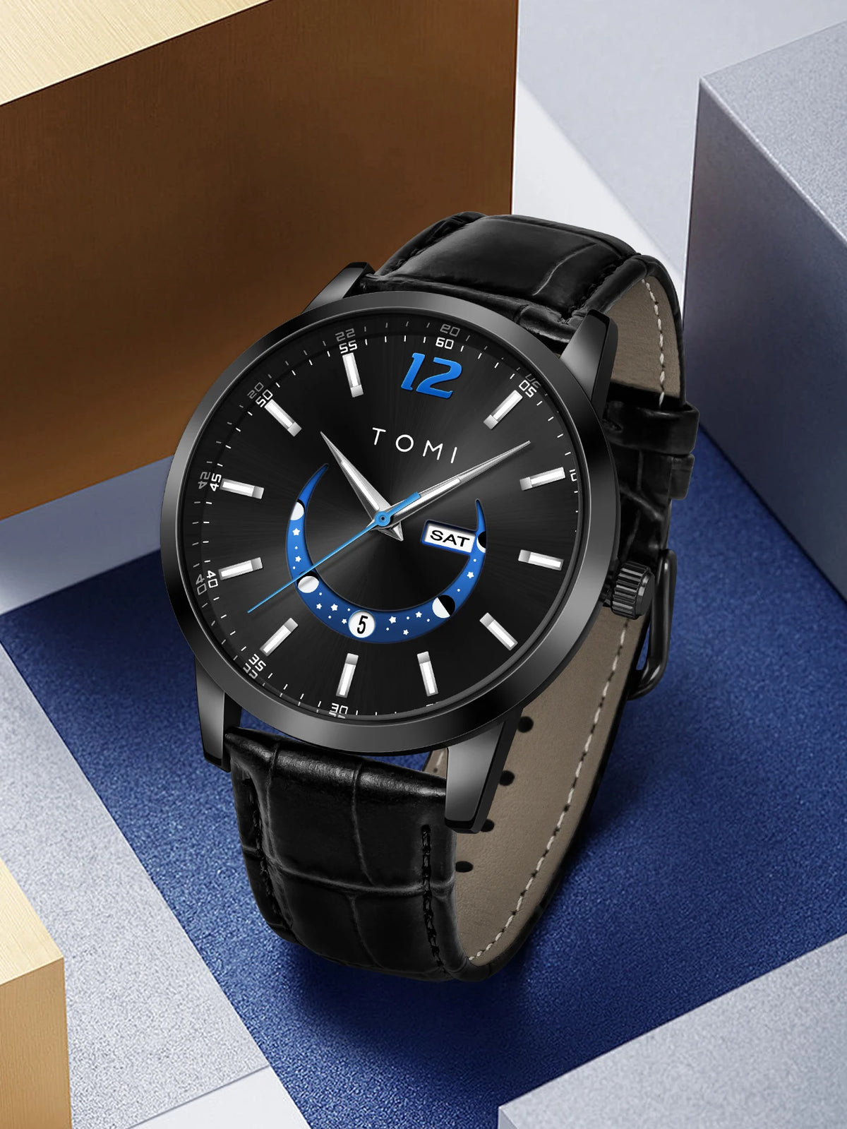Montre à quartz TOMI, style business et élégant, avec bracelet en cuir, boîtier en alliage et cadran à aiguilles – Design haut de gamme, idée cadeau pour homme