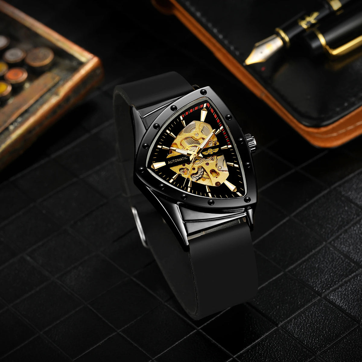 WINNER High Quality Watch for Men Triangle Steel Skeleton Mechanical Automatic Movement Clockwork Waterproof Rubber strap Wrist
