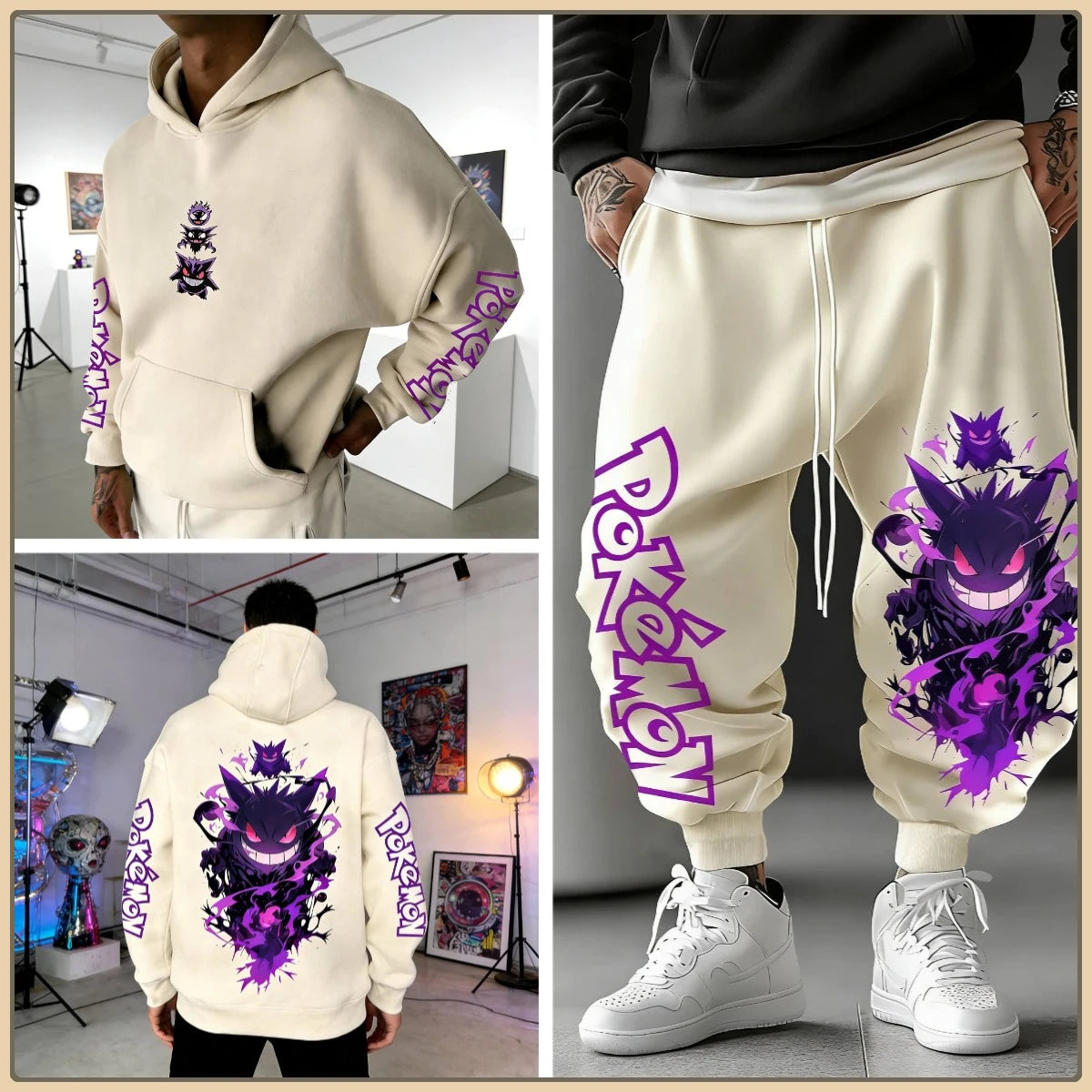 Black Hoodie and Pants Set with Pokemon Character Print Sleeve and Side Text Streetwear Anime Tracksuit for Men Unisex Casual