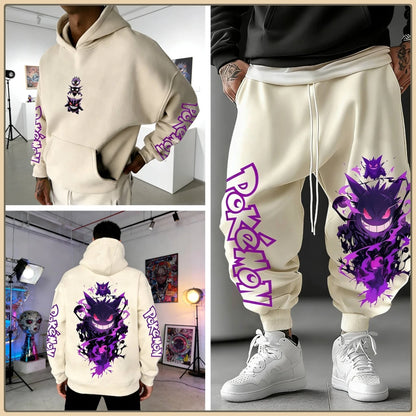 Black Hoodie and Pants Set with Pokemon Character Print Sleeve and Side Text Streetwear Anime Tracksuit for Men Unisex Casual