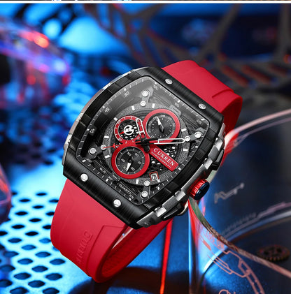 CURREN Tonneau Dial Sport Watch for Men Fashion Waterproof Quartz Wristwatch with Auto Date Yellow Silicone Strap Luminous
