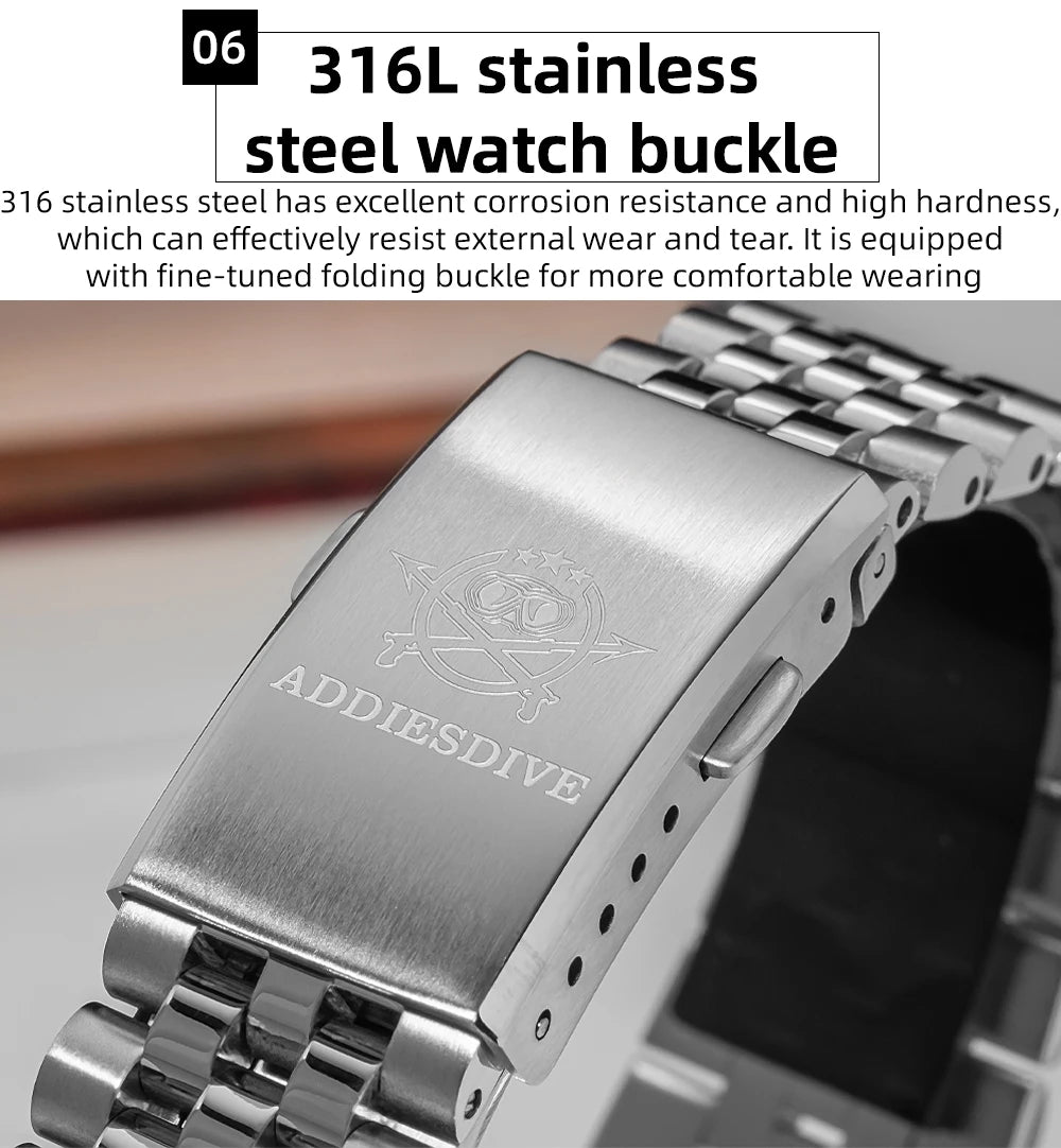 Relógio masculino novo ADDIESDIVE AD2073, vidro de safira, 36mm, VH31, quartz, efeito sunburst, 10Bar, impermeável para mergulho, luminoso