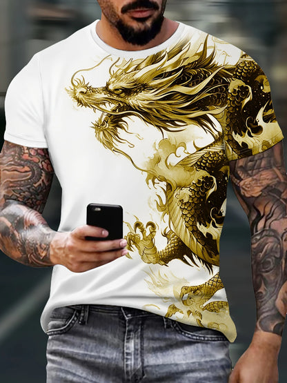 Men's Dragon Print T-Shirt Casual Breathable Fabric Graphic Tee Street Style Outdoor Fashion Short Sleeve Shirt Mens Tshirts